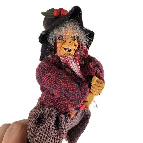 Vintage Witch Doll 9" Handmade Fabric & Resin Broomstick Hanging Decor Halloween - Picture 1 of 16